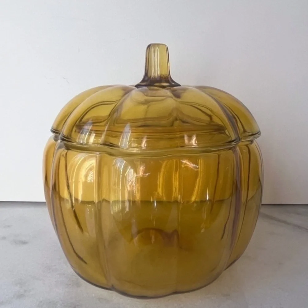 Vintage Anchor Hocking Glass Amber Pumpkin Candy/Cookie Jar Halloween/Fall Decor
